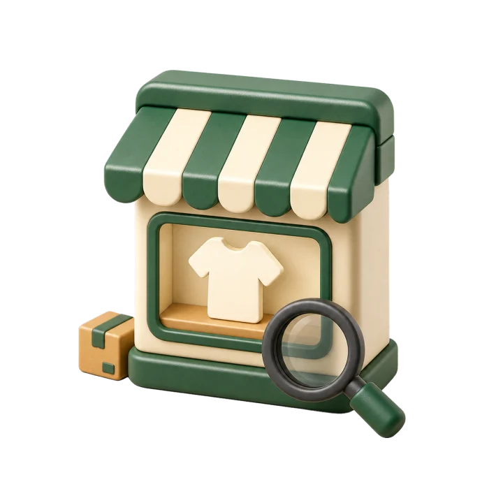 Three-dimensional storefront and magnifier representing the AI listing checker