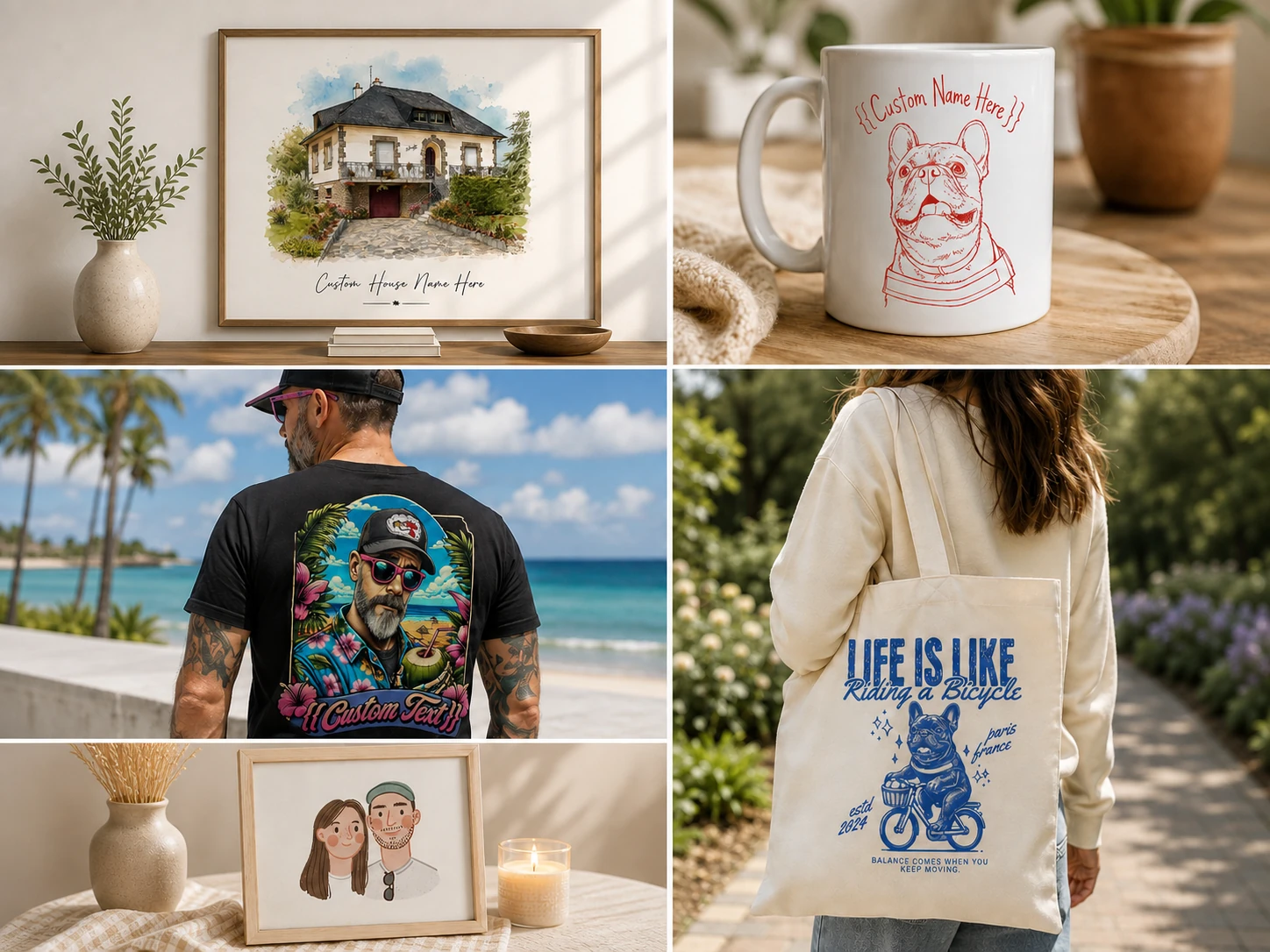 Collage of a custom house portrait, dog mug, printed T-shirt, illustrated couple portrait, and personalized tote bag