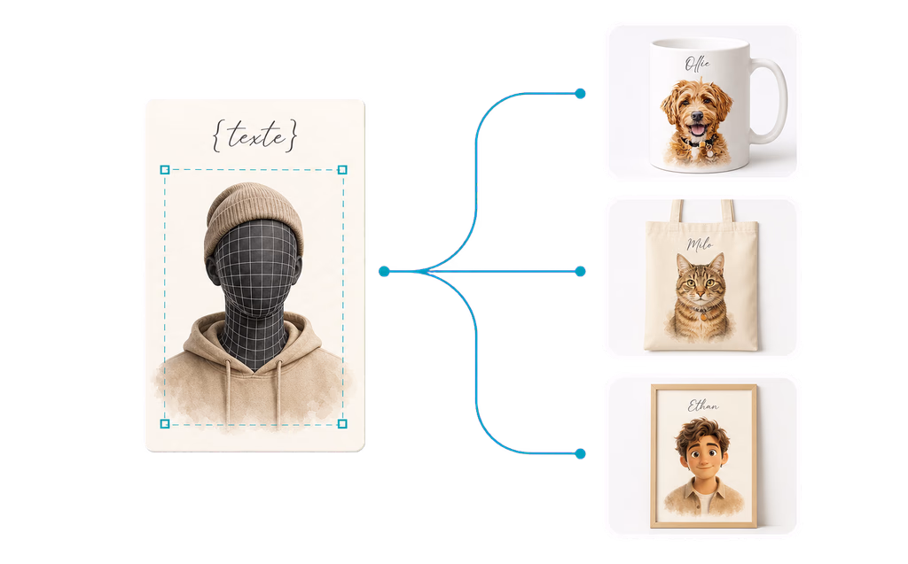 Reusable product blueprint generating personalized mugs, tote bags, and portraits
