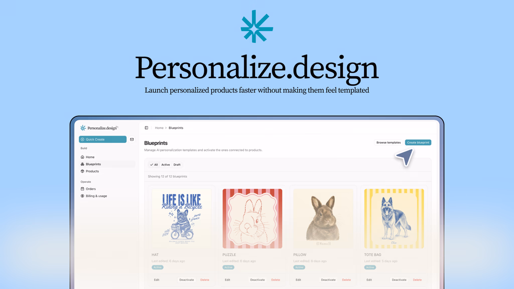 Personalize.design platform for creating and launching personalized print-on-demand products