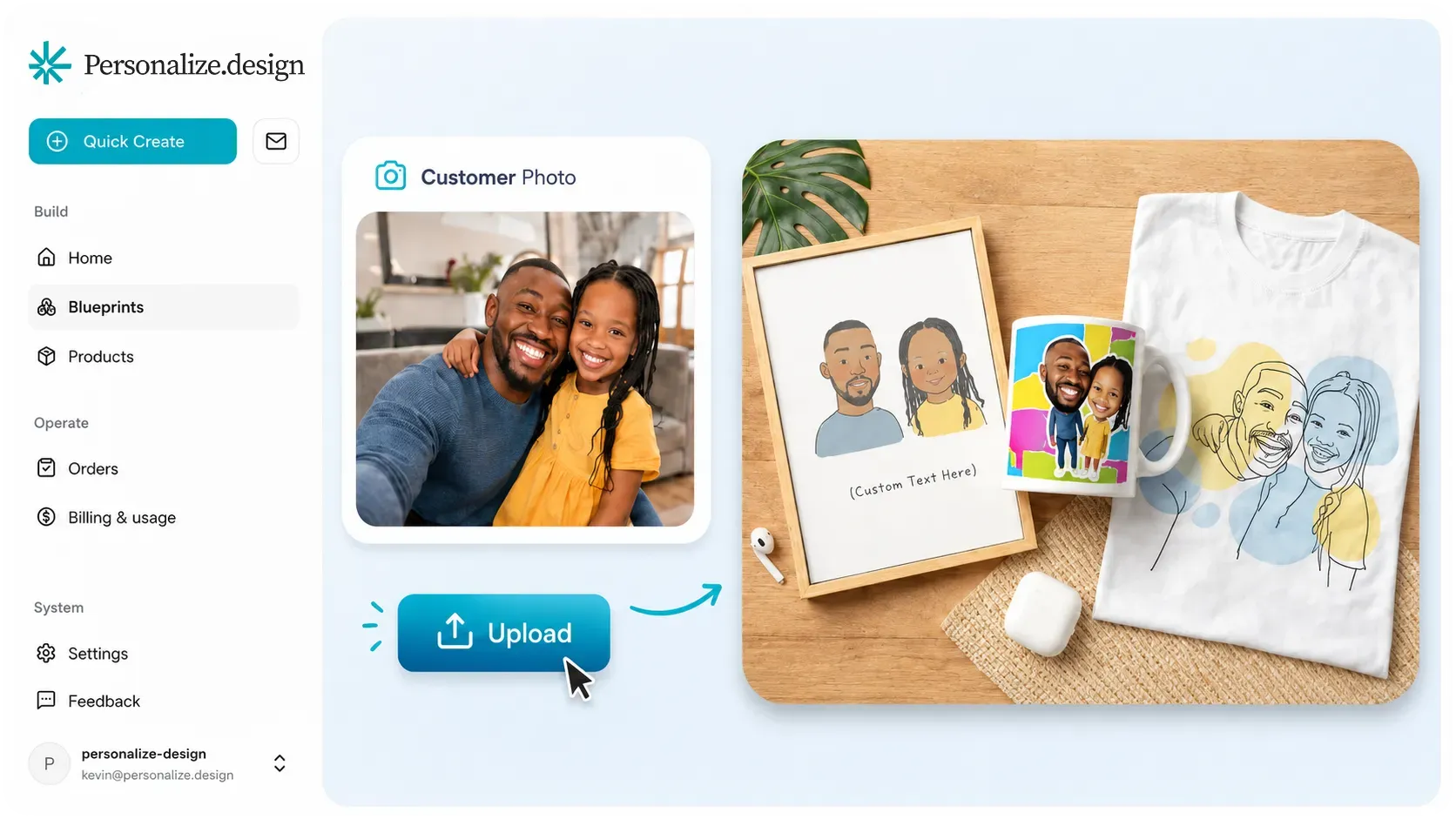 Personalize.design dashboard showing AI-generated personalized product designs from a customer photo