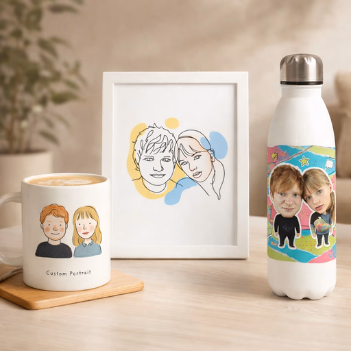 After: customer photo transformed into personalized artwork and a printed product