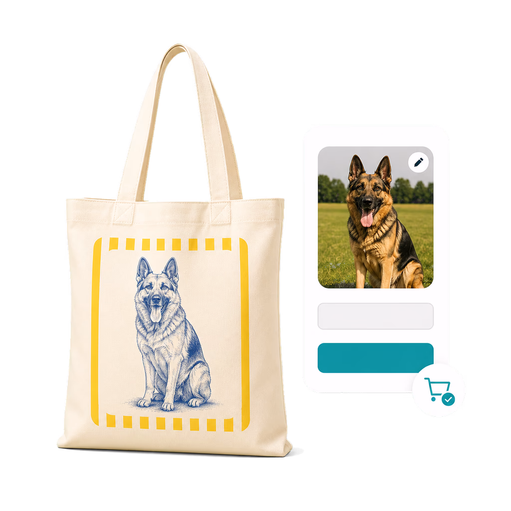 Live personalized product preview showing a custom dog tote bag before checkout