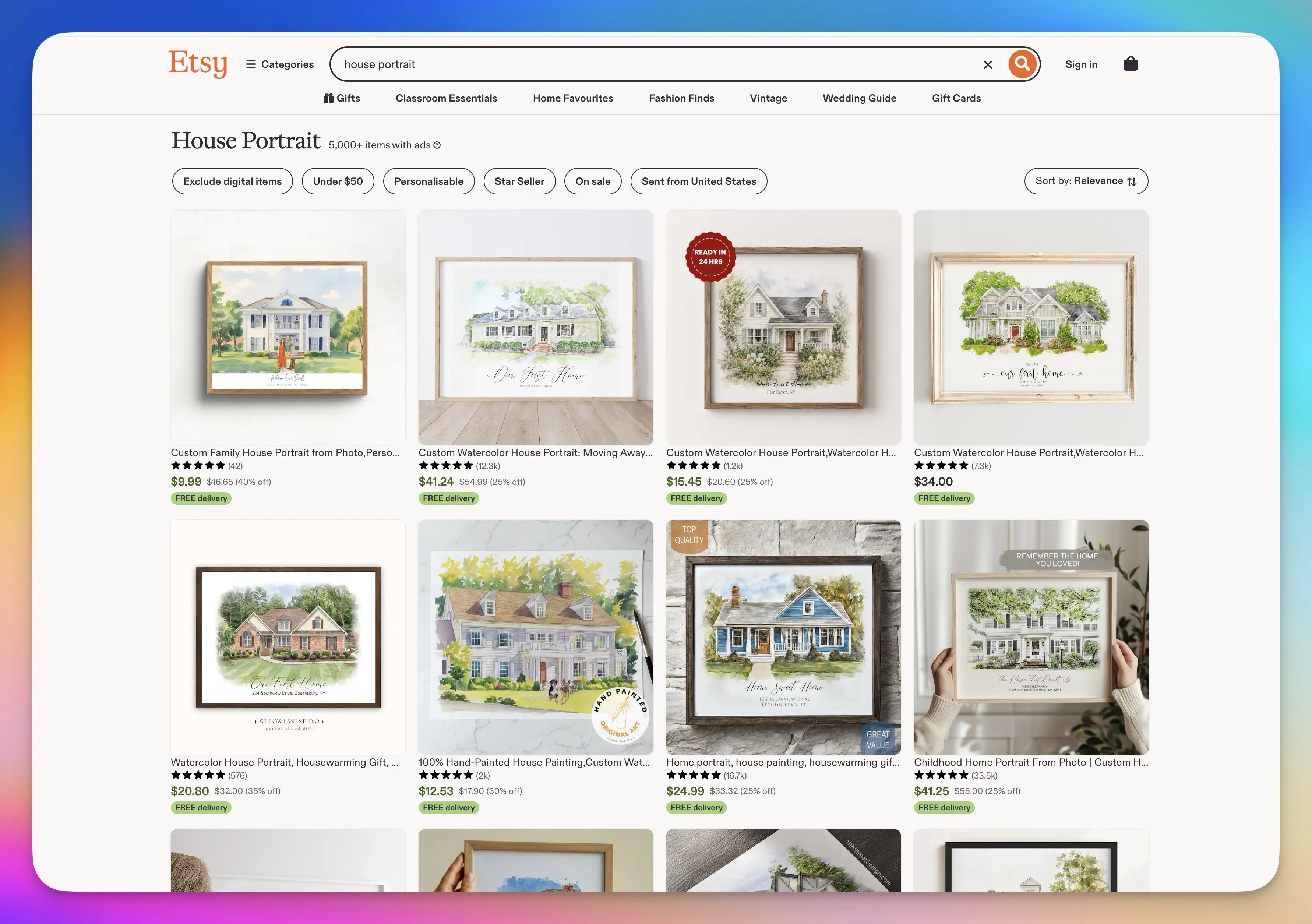 Etsy search results for house portraits showing personalized watercolor products