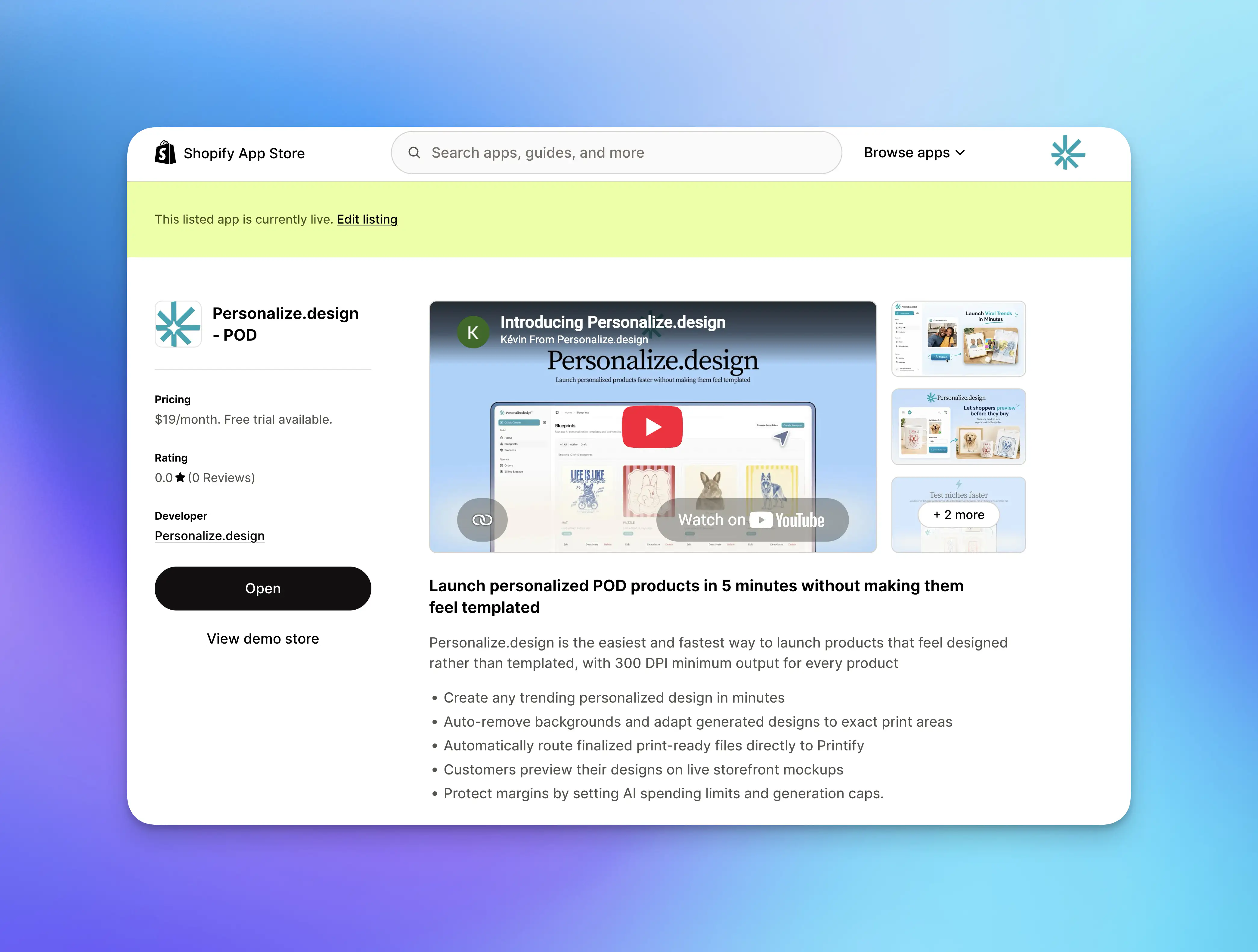 Personalize.design listing in the Shopify App Store
