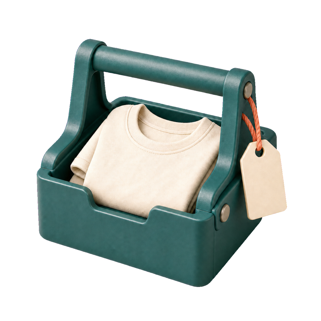 Teal toolbox holding a blank T-shirt for the POD tool library