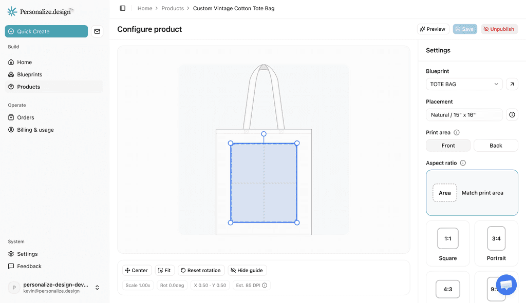 Personalize.design product screen connecting an AI Blueprint to a print area