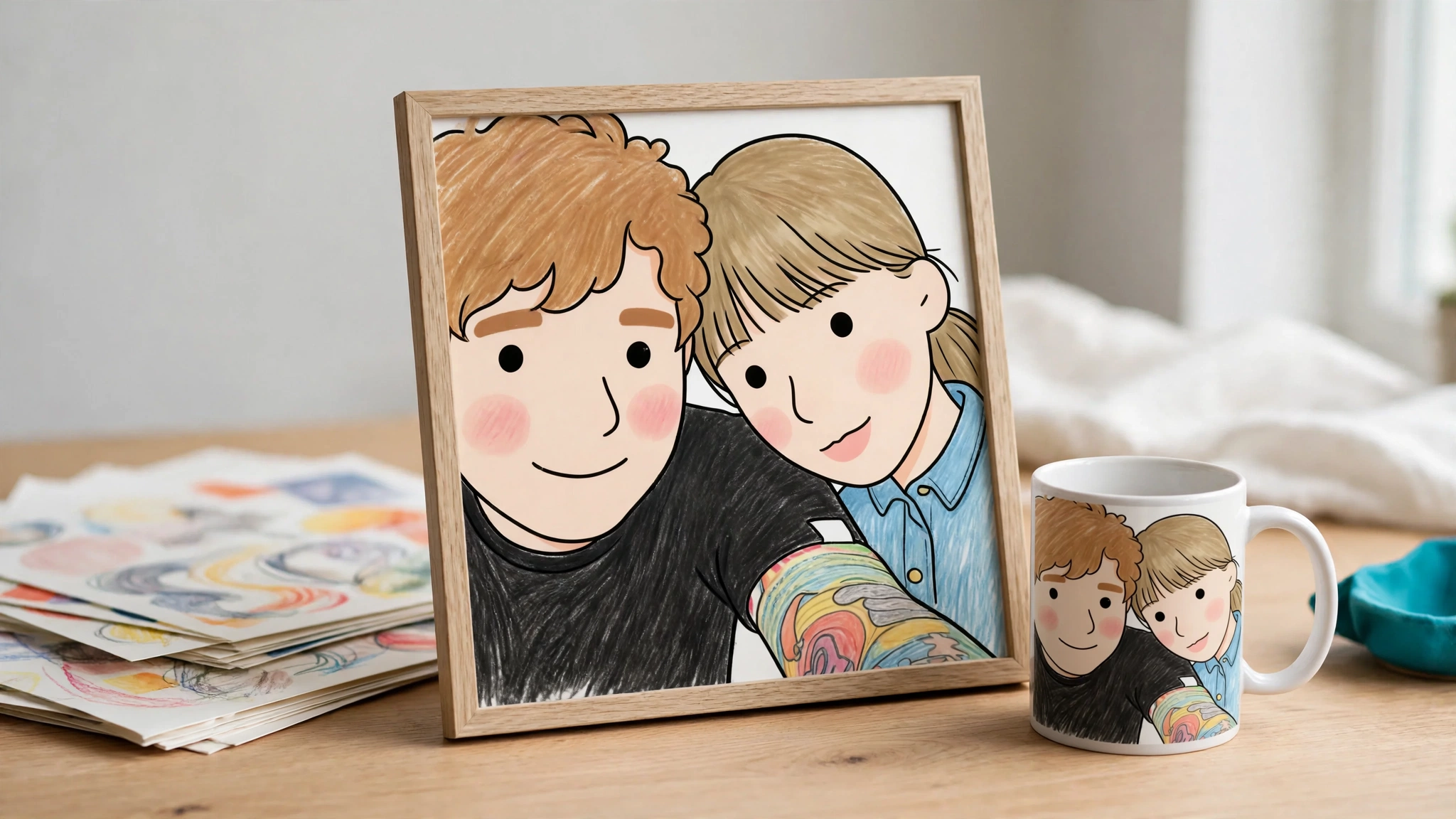 A framed crayon-style couple portrait and a matching mug beside a stack of generic abstract art printouts on a light oak table