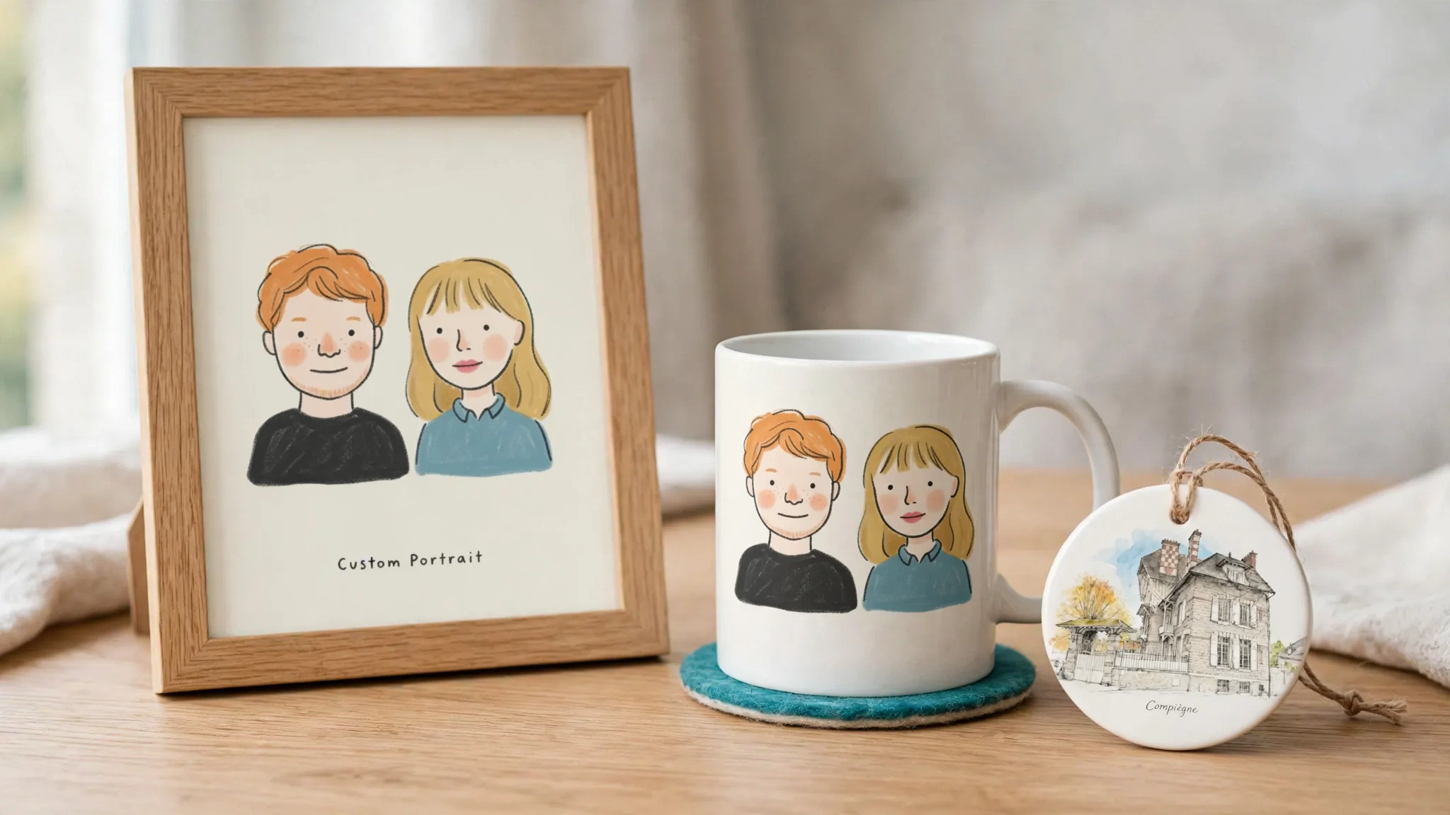 Personalized print-on-demand products on a wooden table: a framed couple portrait, a matching mug and a house-sketch ceramic ornament