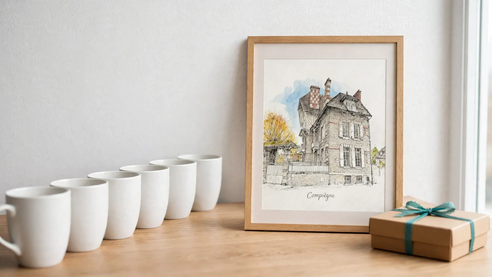 A row of identical plain white mugs beside one framed hand-drawn house portrait and a gift box