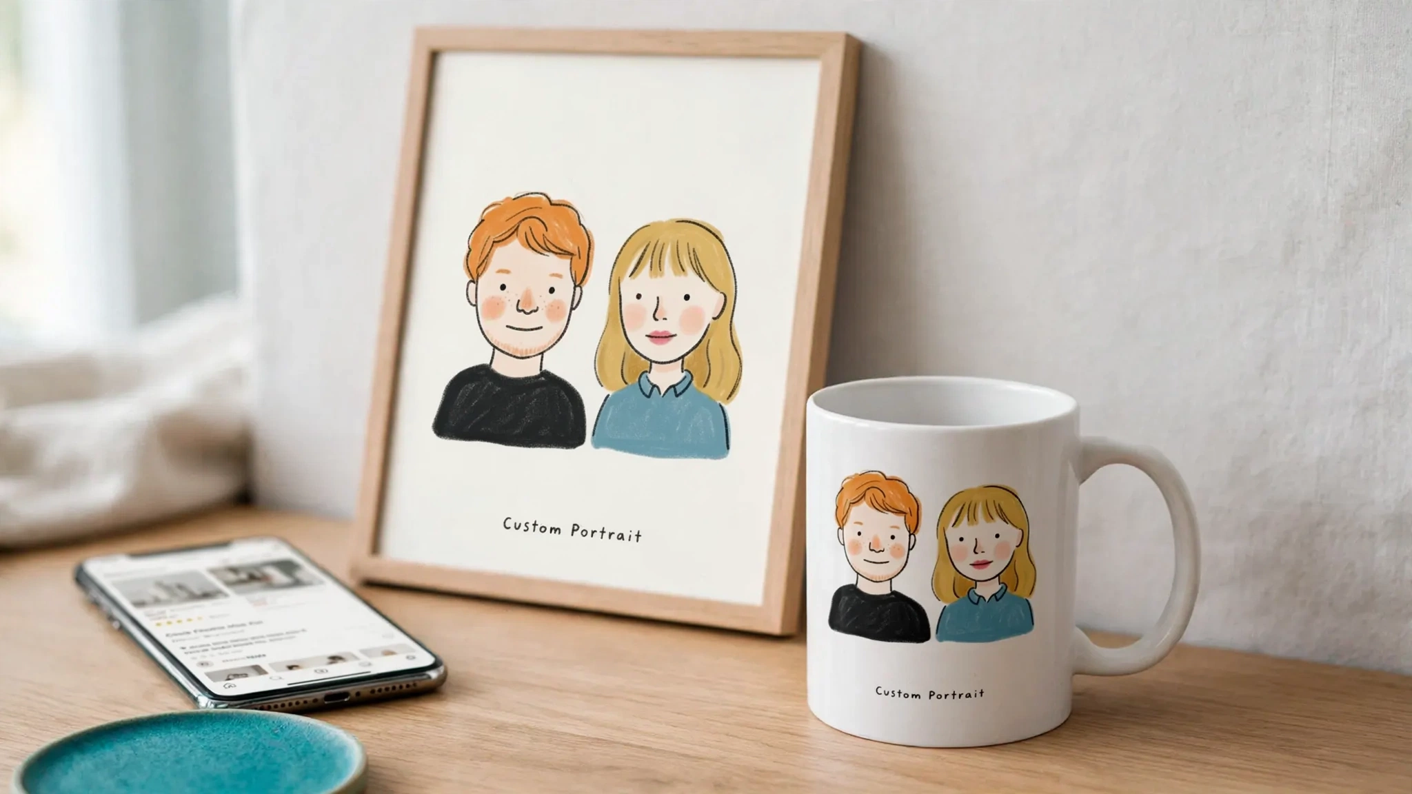 A framed illustrated couple portrait and a matching mug on a light oak table, beside a phone showing a product page