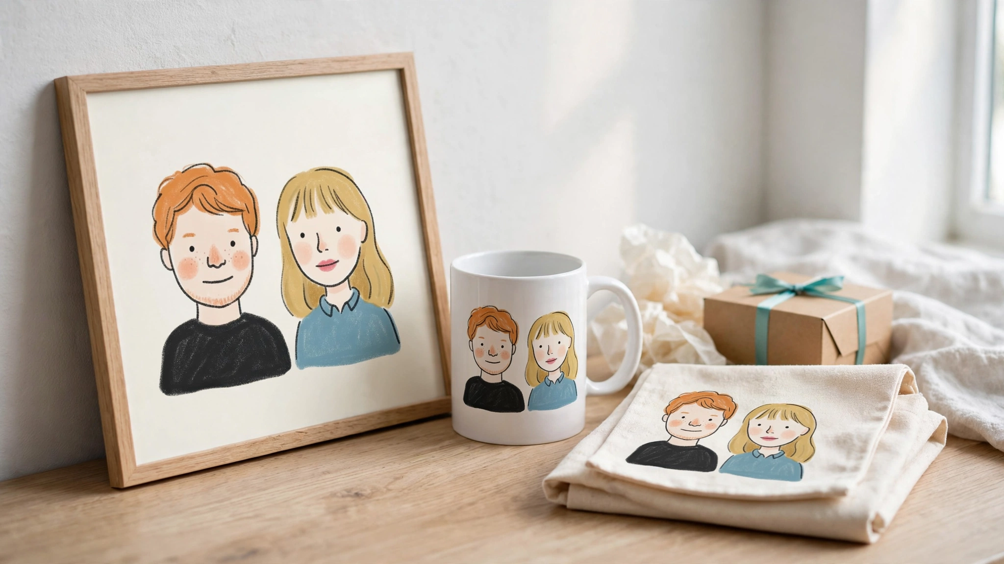 A matching personalized gift set with the same couple illustration on a framed poster, a mug and a tote bag