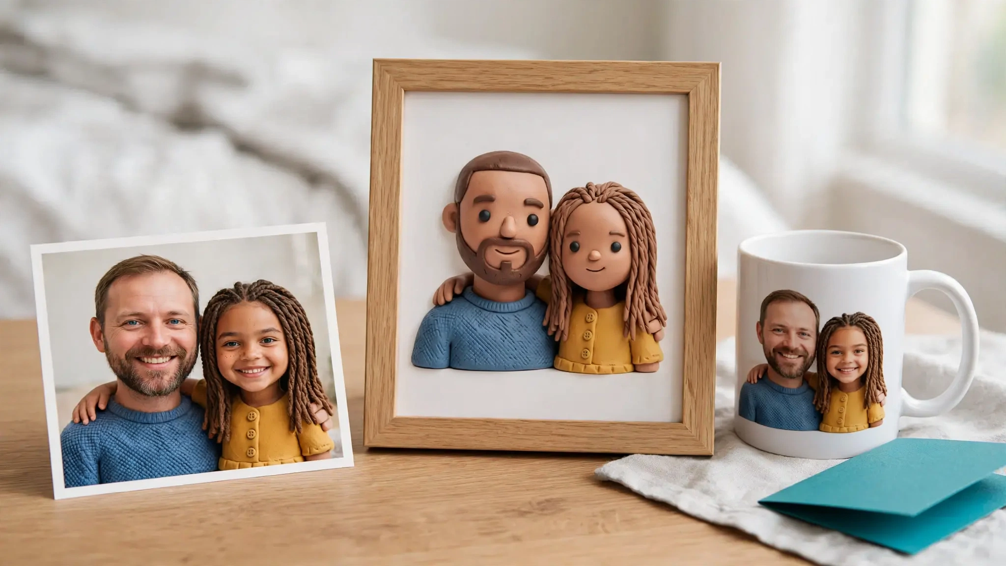A family snapshot pasted on a mug next to the same father and daughter turned into a framed clay-style portrait