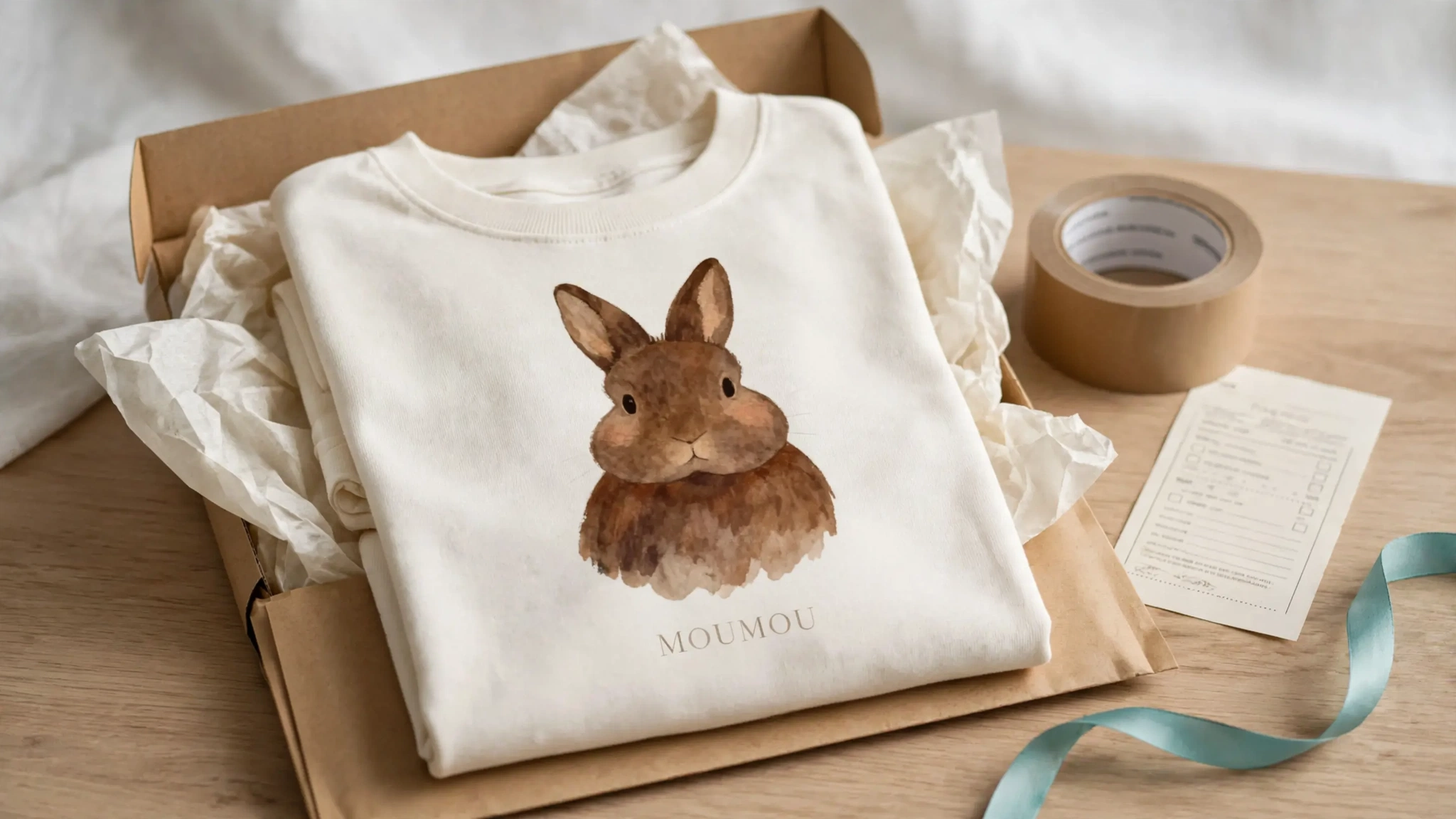 A folded t-shirt printed with a watercolor rabbit portrait in an open kraft mailer, ready to ship