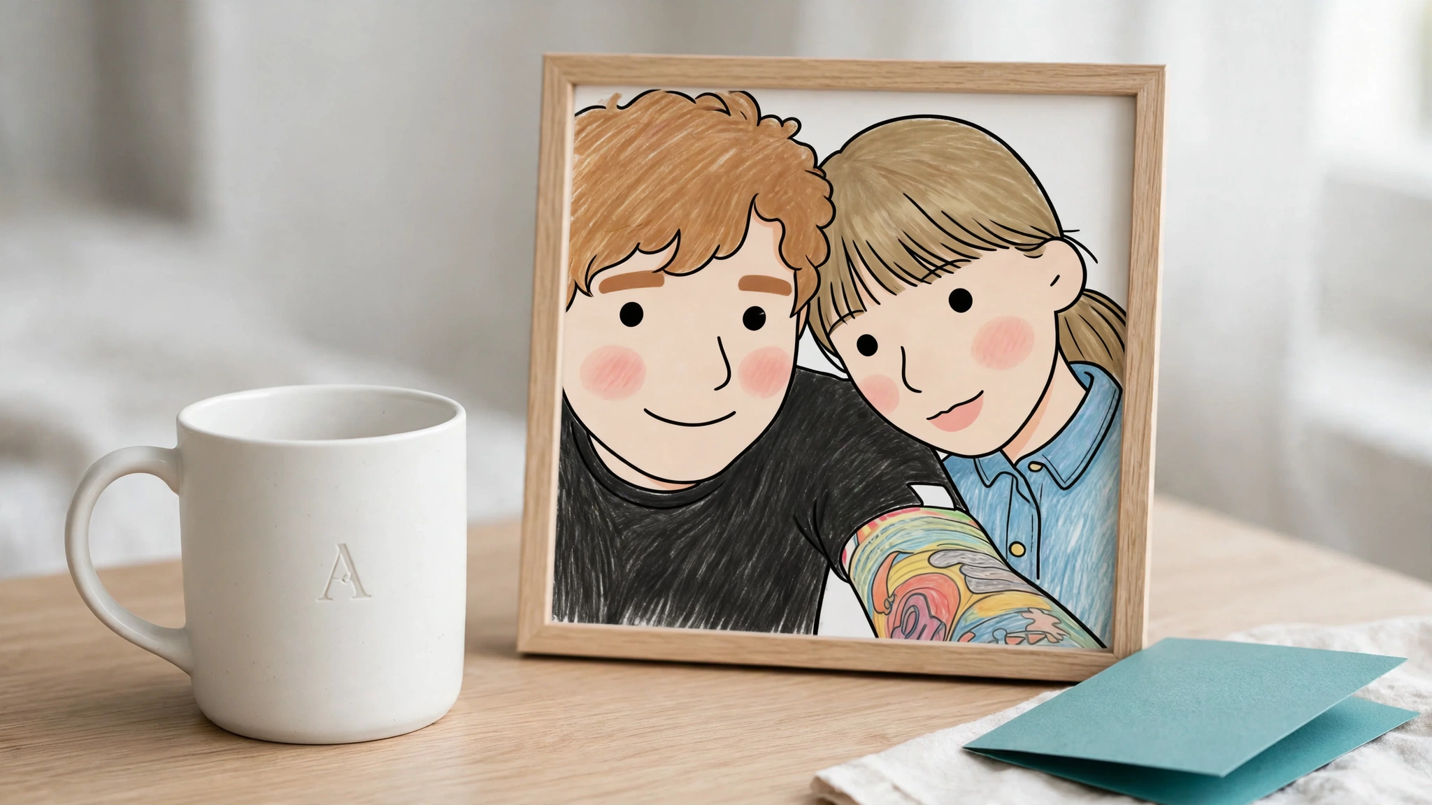 A plain mug with a small monogram beside a framed illustrated couple portrait on a light oak table