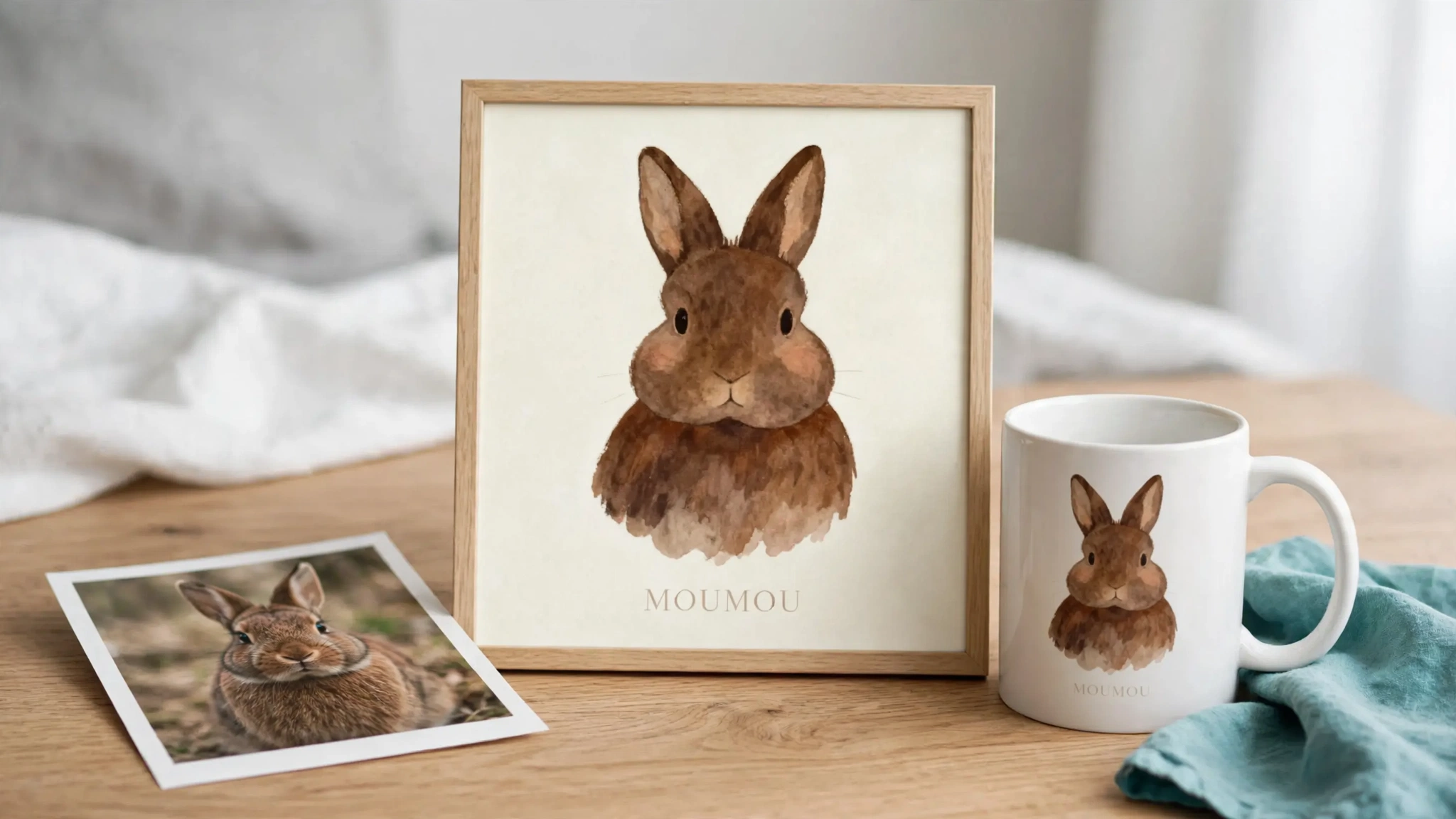 A snapshot of a brown rabbit beside the finished watercolor name portrait printed on a framed poster and a white mug