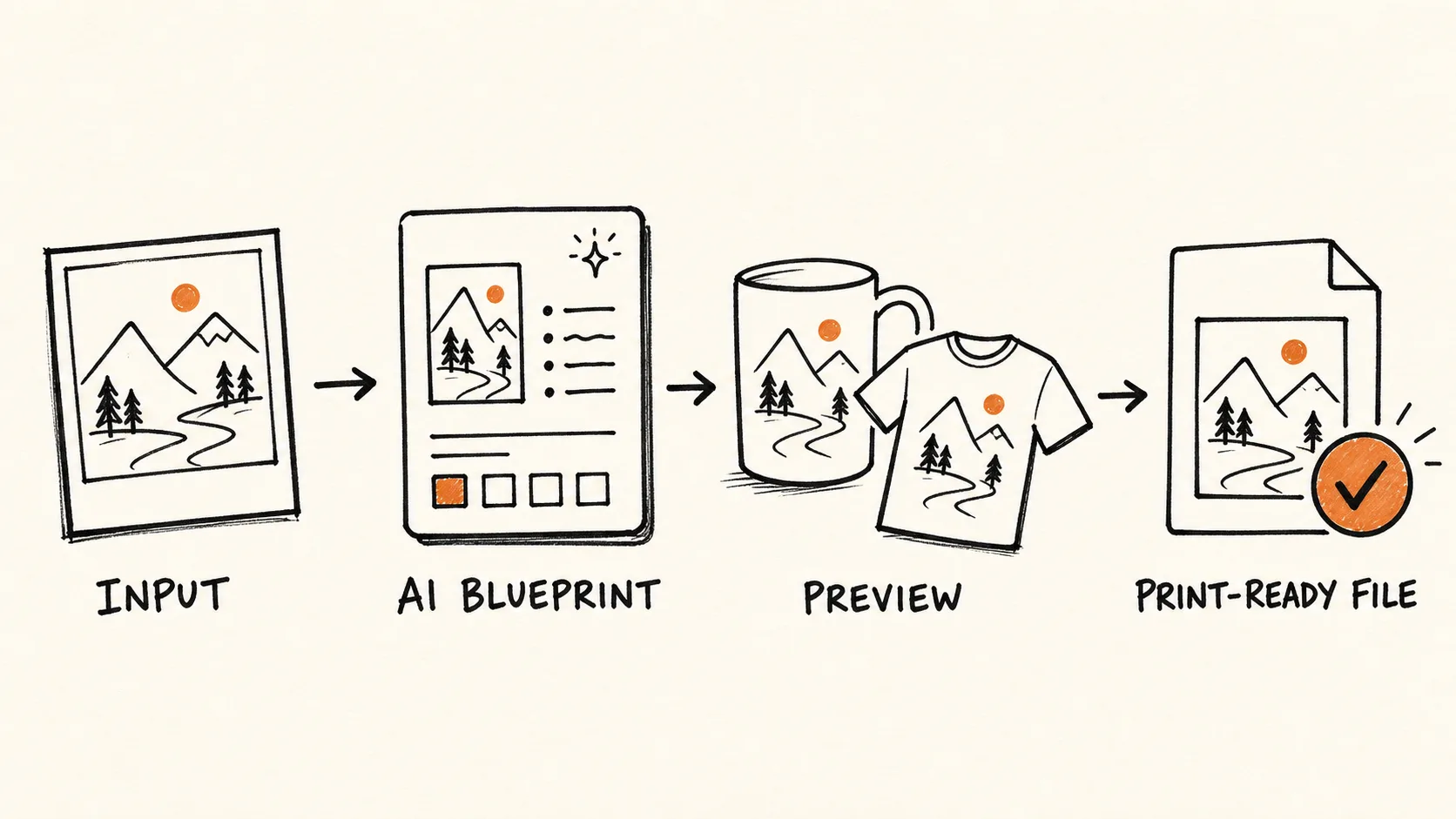 Hand-drawn workflow from shopper input to an AI Blueprint, product preview, and print-ready file