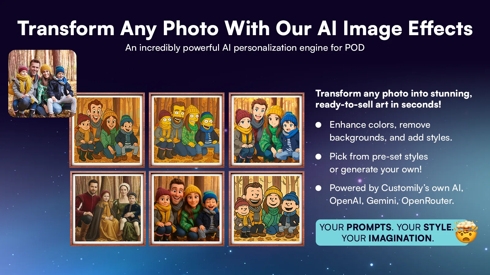 Customily public Shopify App Store capture showing AI image effects and styles