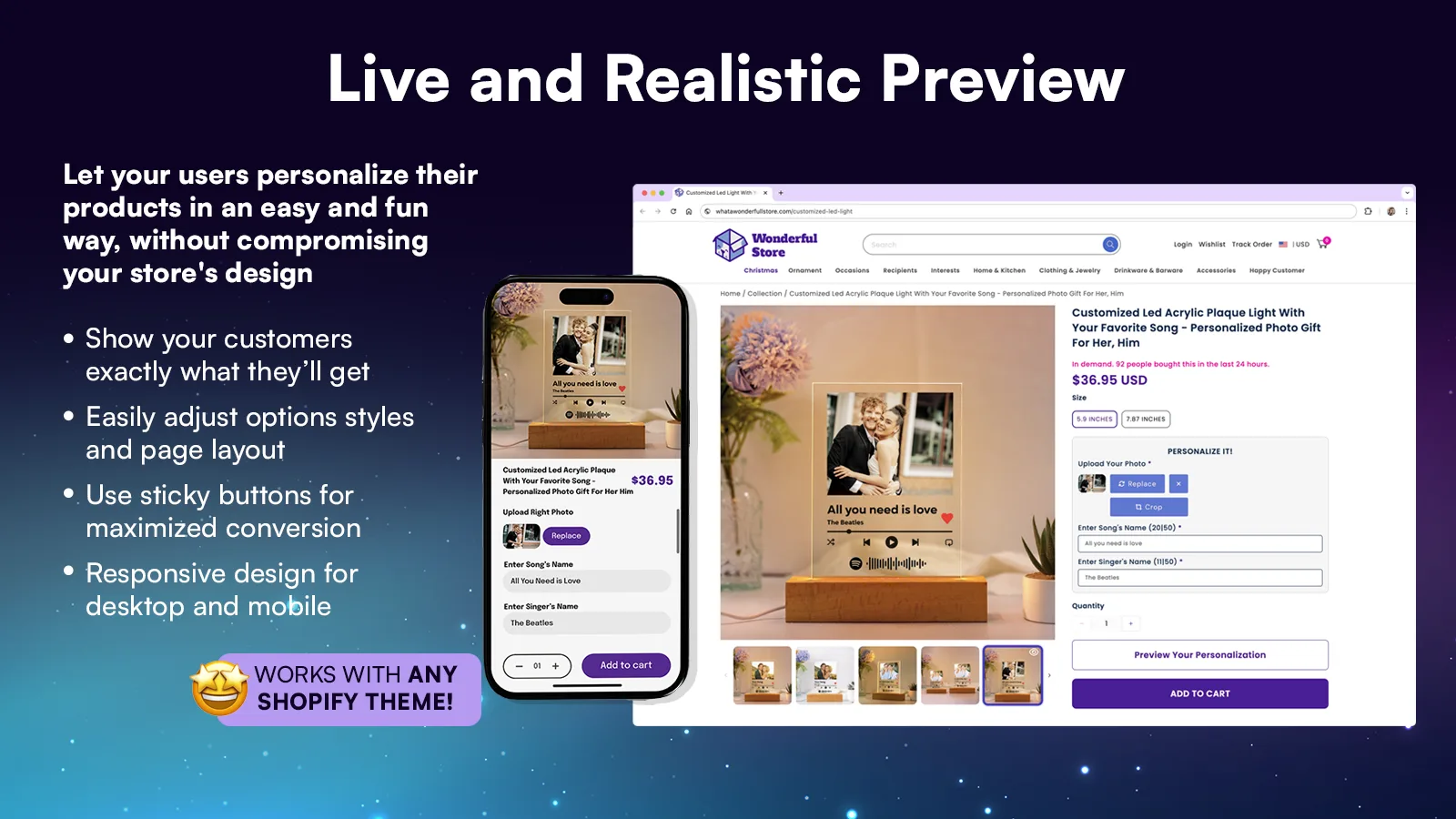 Customily public Shopify App Store capture showing a live product preview with customer photo and text fields