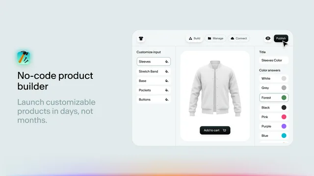 Kickflip public Shopify App Store capture showing a no-code product builder with a garment preview and color choices