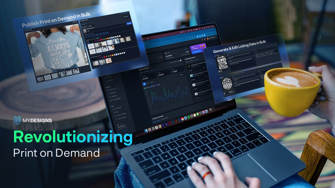 MyDesigns public Shopify App Store capture showing bulk print-on-demand publishing, listing data, and catalog dashboards