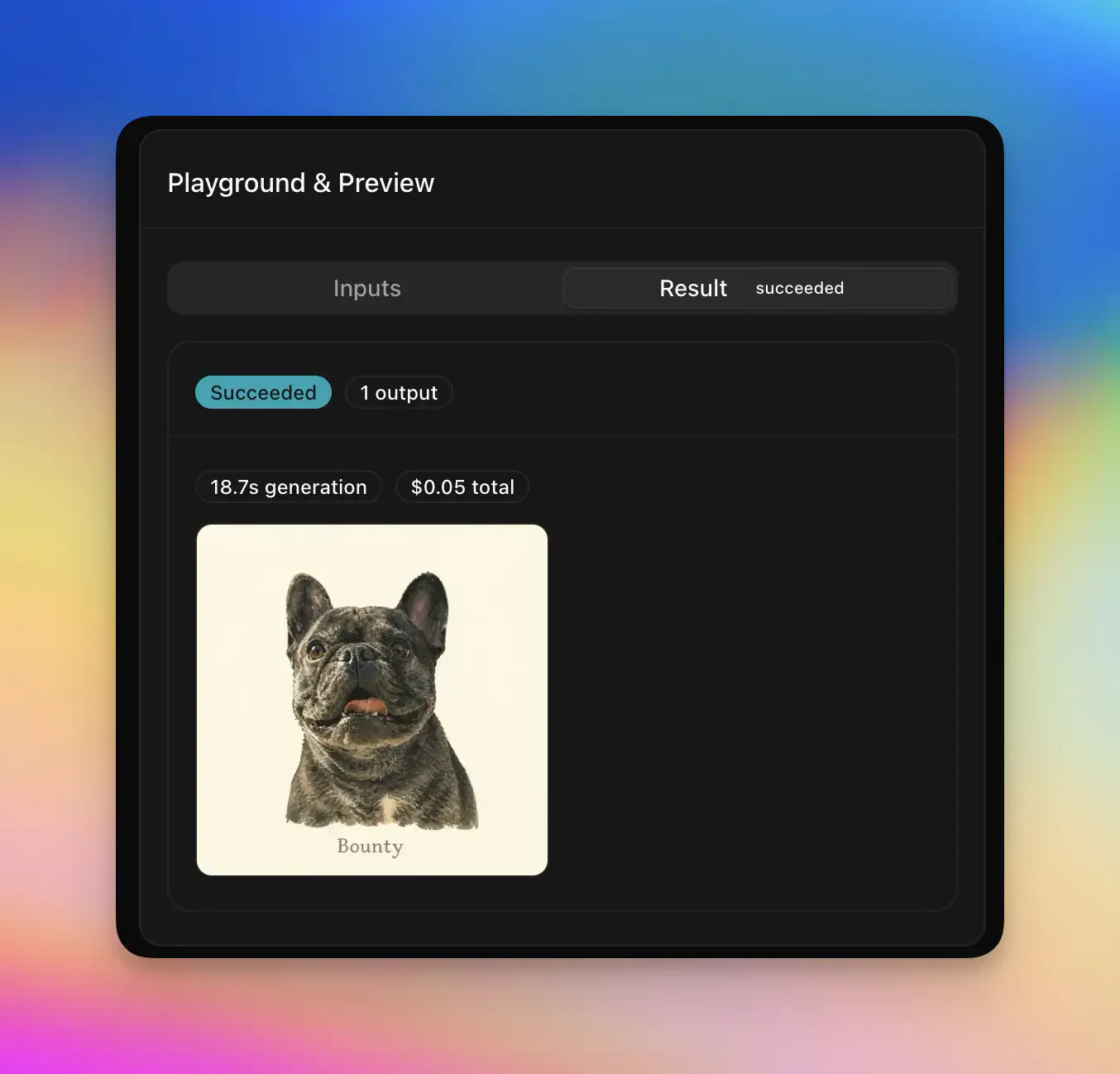Personalize.design generation result showing a successful generated pet illustration with generation time and cost