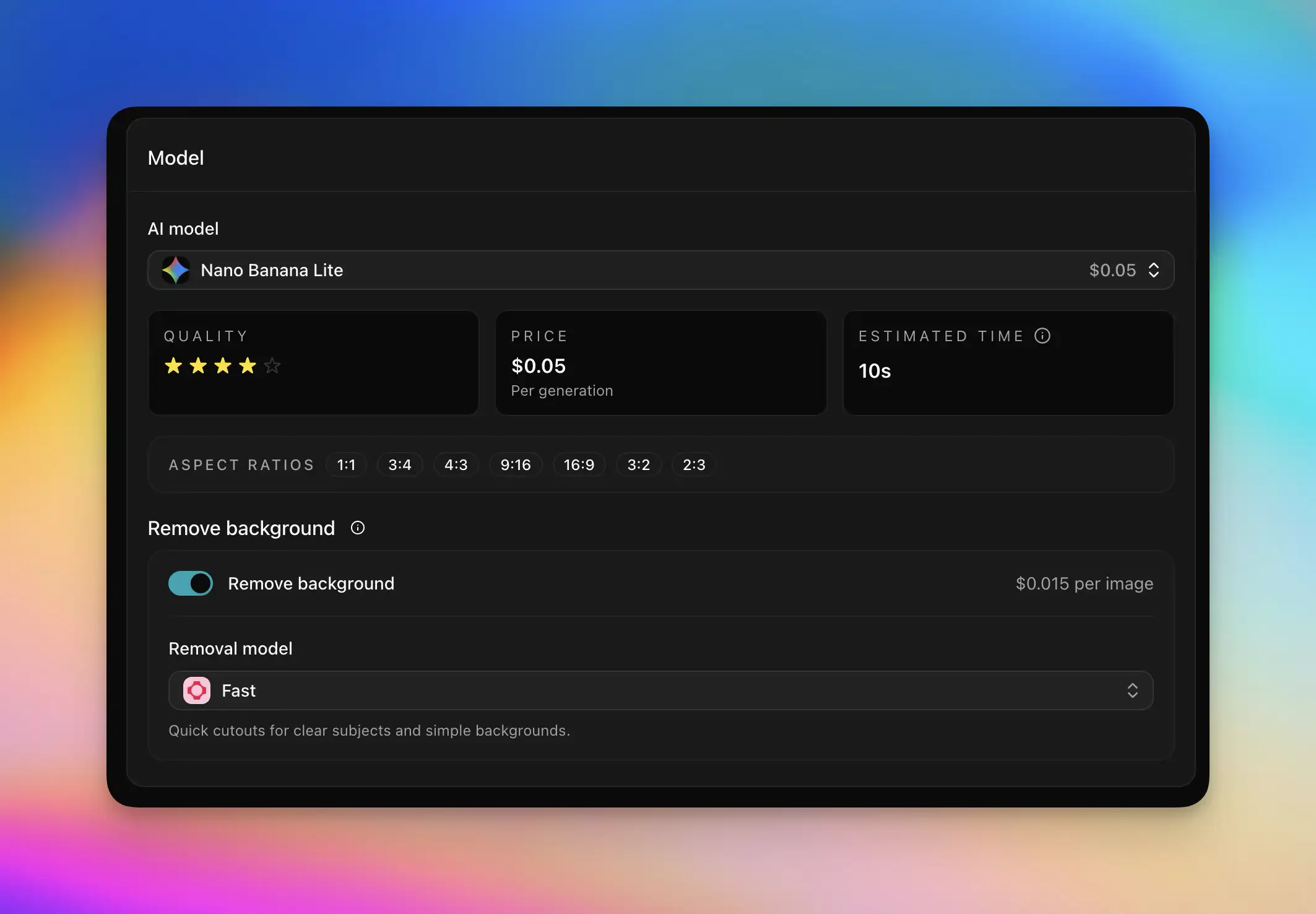 Personalize.design model settings showing image generation, aspect ratios, and remove background controls