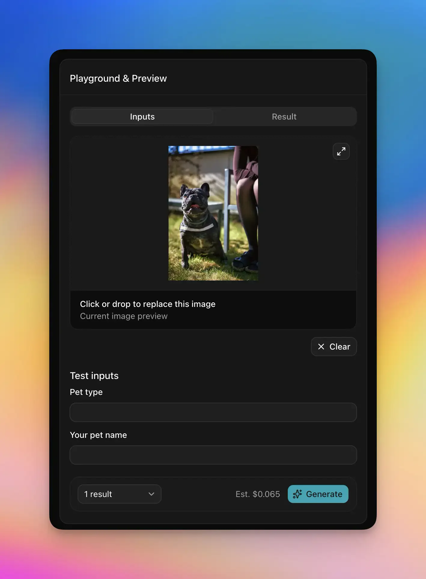 Personalize.design Playground and Preview showing shopper image input, test fields, generation count, estimated cost, and Generate button