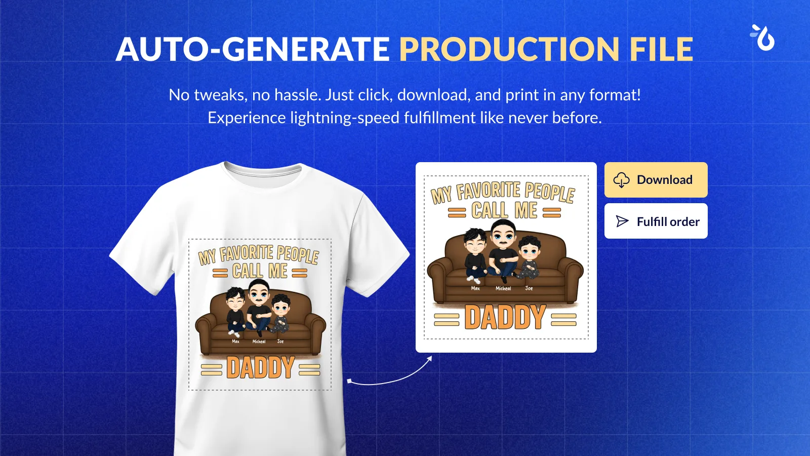 Teeinblue public Shopify App Store capture showing automatic print-ready file generation for personalized orders