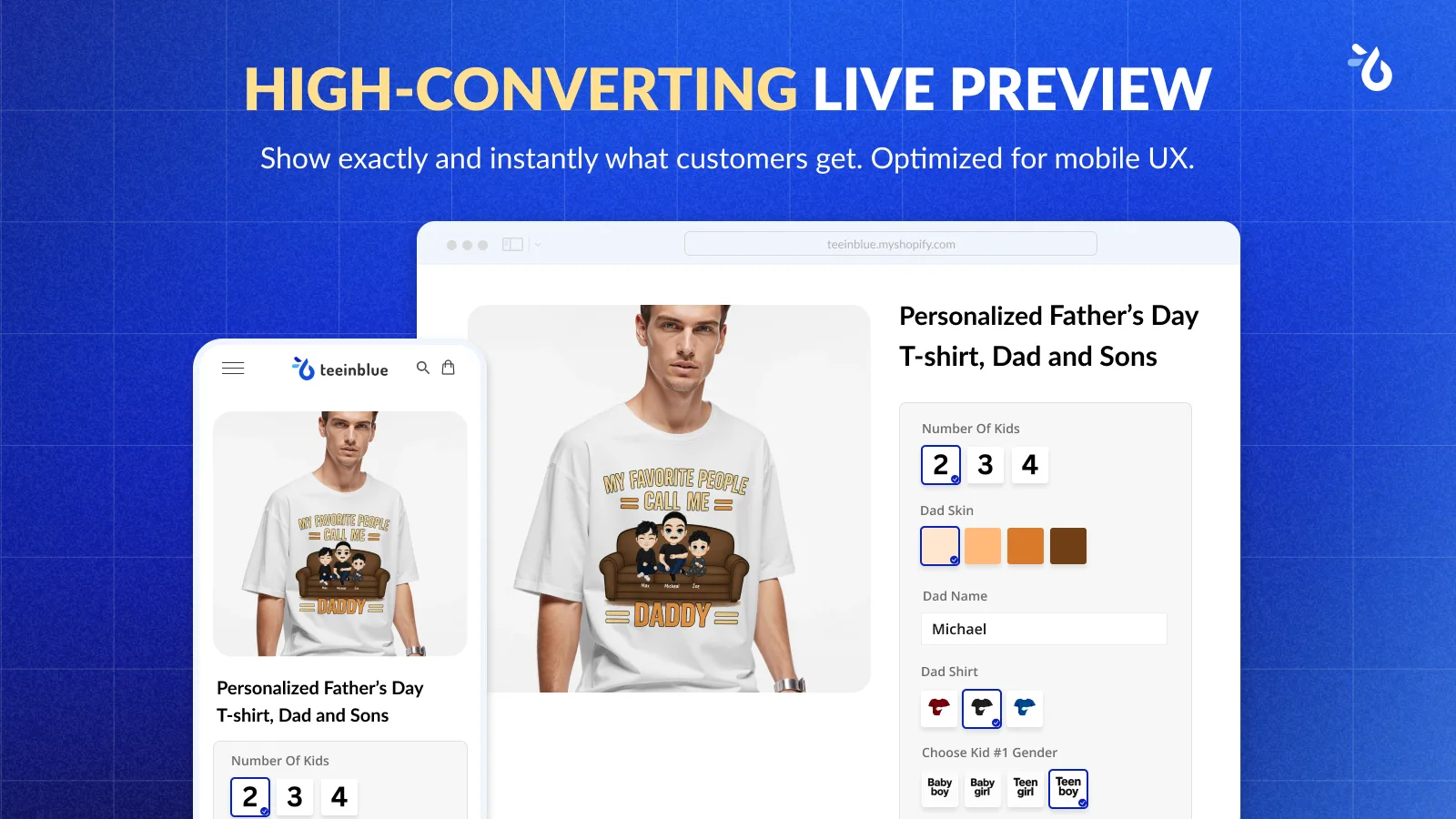 Teeinblue public Shopify App Store capture showing a live preview with product options and customer selections