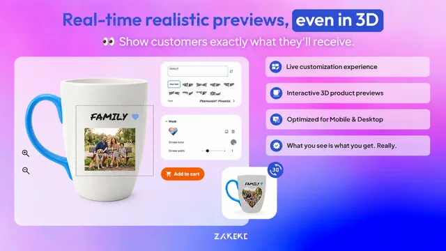 Zakeke public Shopify App Store capture showing a personalized mug with a real-time product preview and 3D view