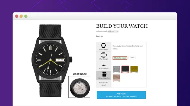 Zepto Product Personalizer public Shopify App Store capture showing a watch configurator with strap and color options