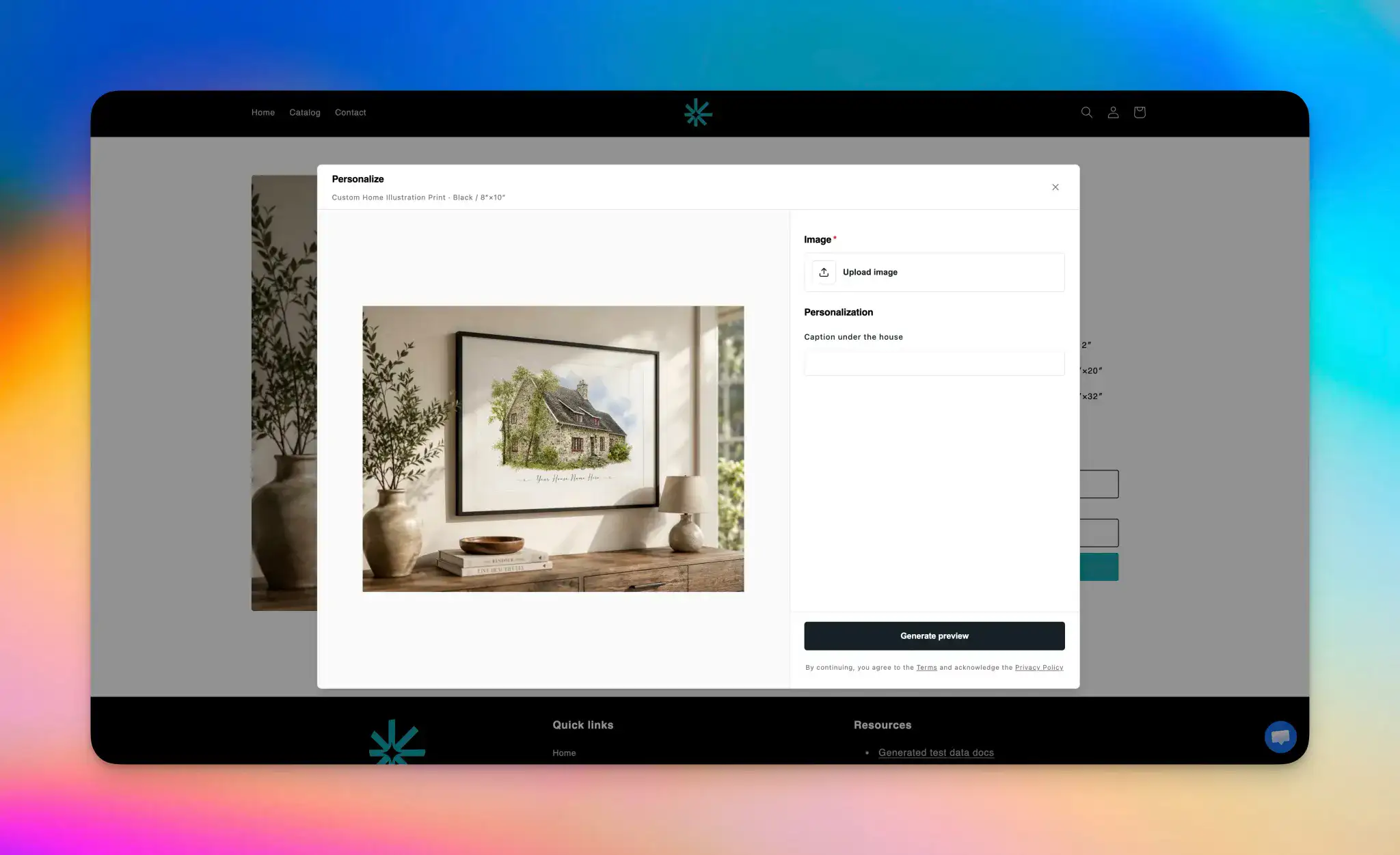 Personalize.design demo showing image upload, personalization fields, preview generation, and the final result on a framed poster mockup