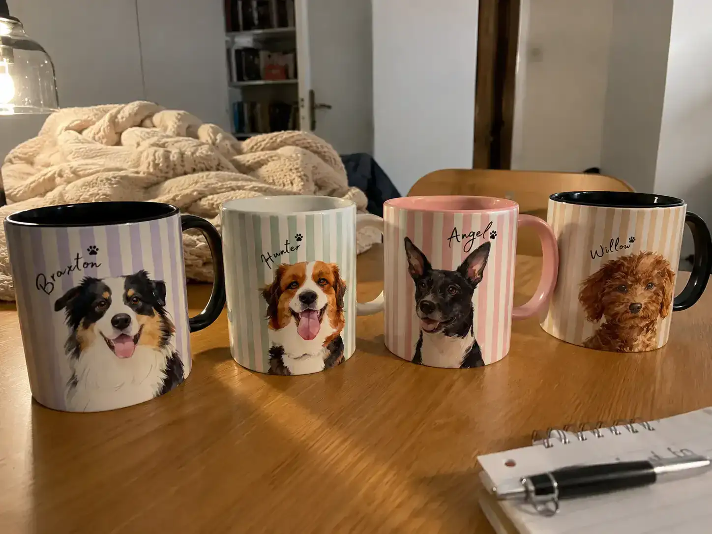 Four personalized pet portrait mugs showing how one product format can work across different pets
