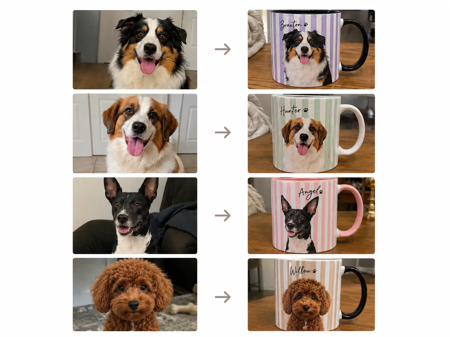 Four pet photos transformed into matching personalized mugs with names