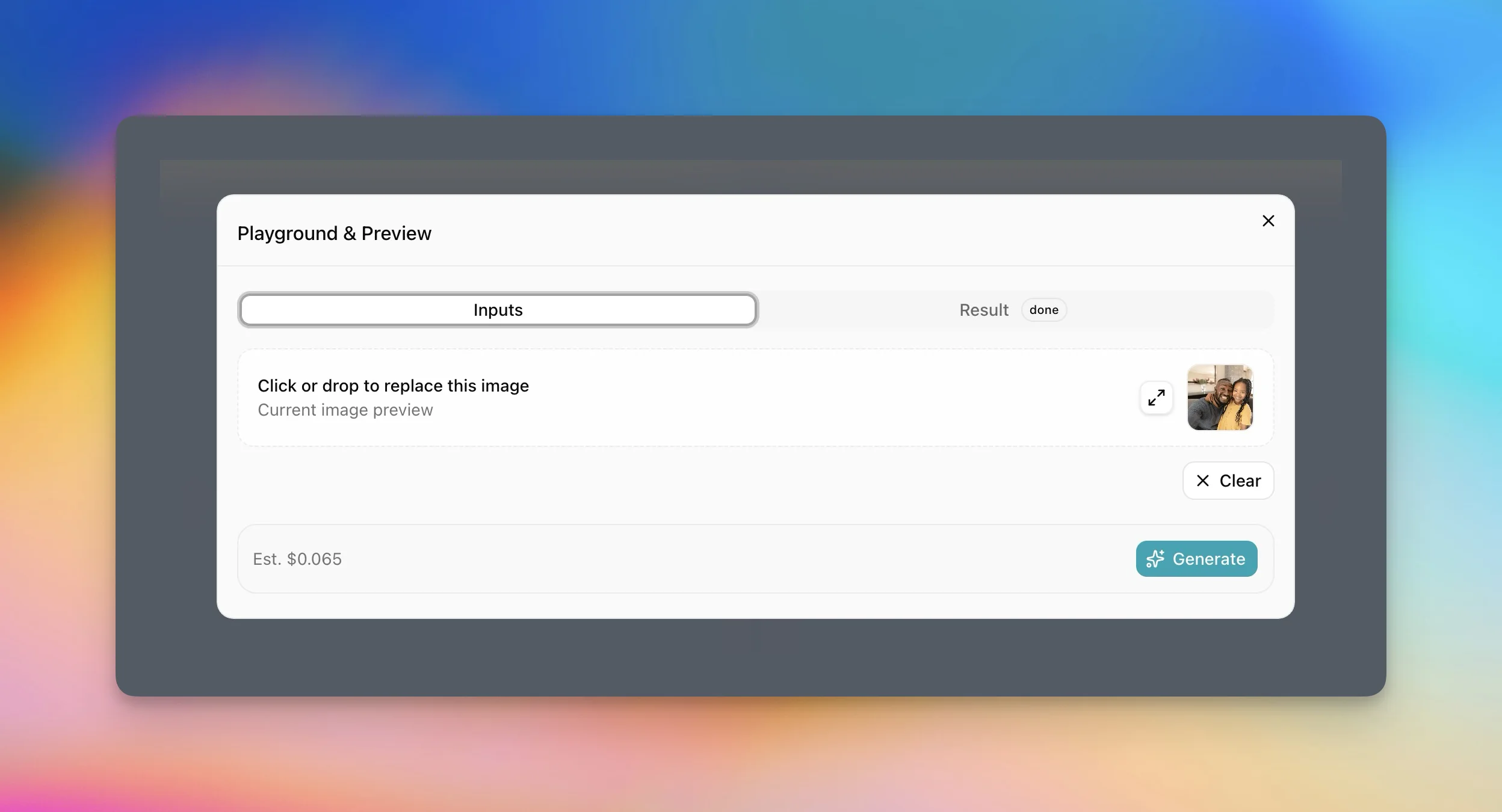 Personalize.design preview inputs view showing a source image before generation