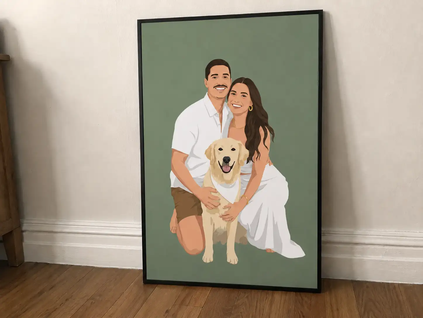 Illustrated family and dog poster displayed in a black frame on a wall