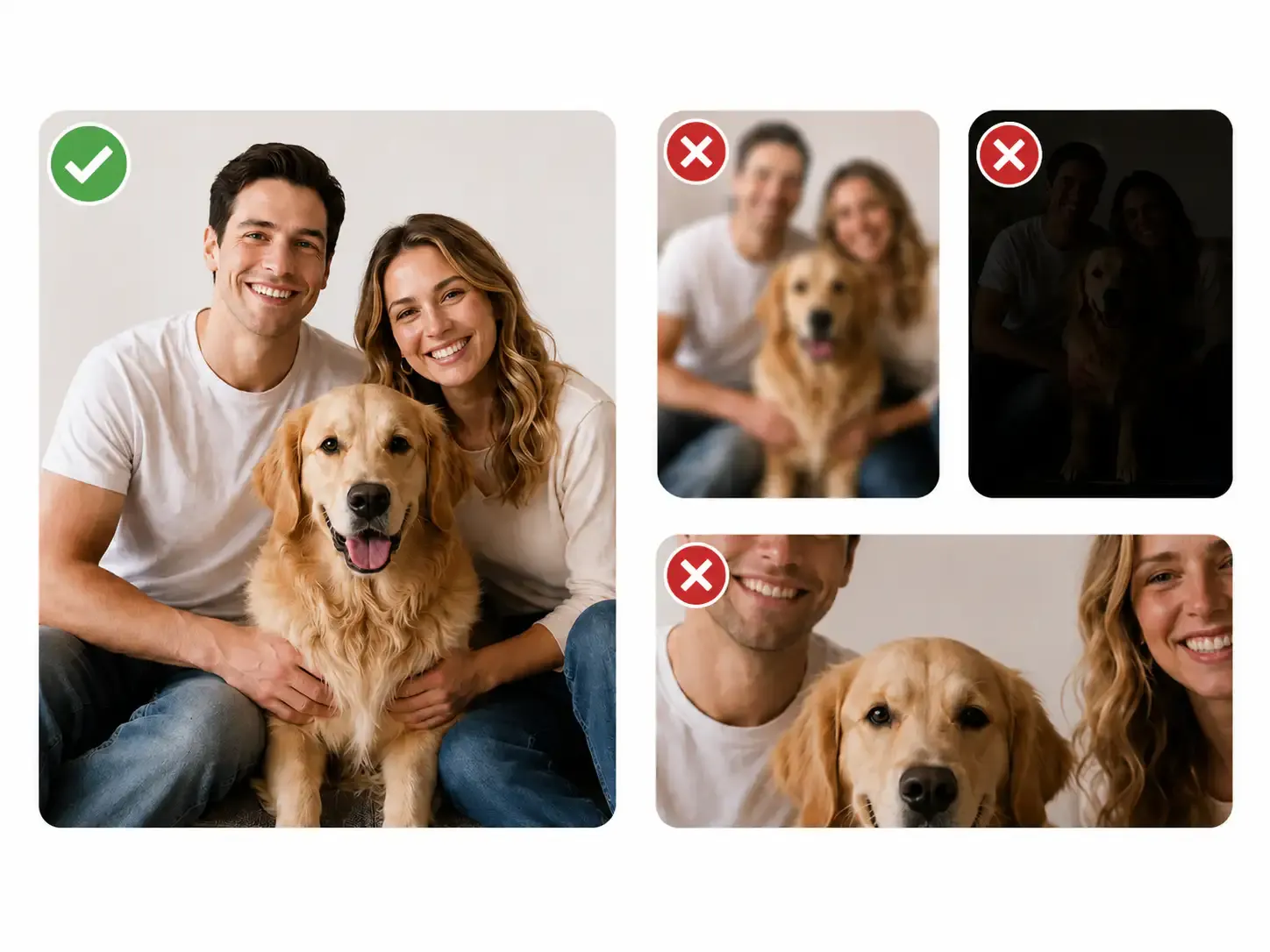 Photo guidelines showing a clear family-and-dog photo as a good input and blurry, dark, or tightly cropped photos as poor inputs