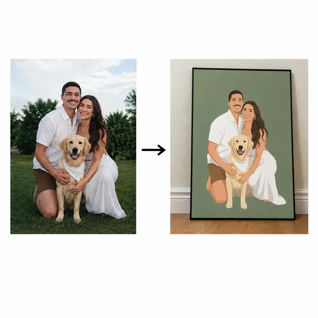 Family photo transformed into an illustrated framed family poster