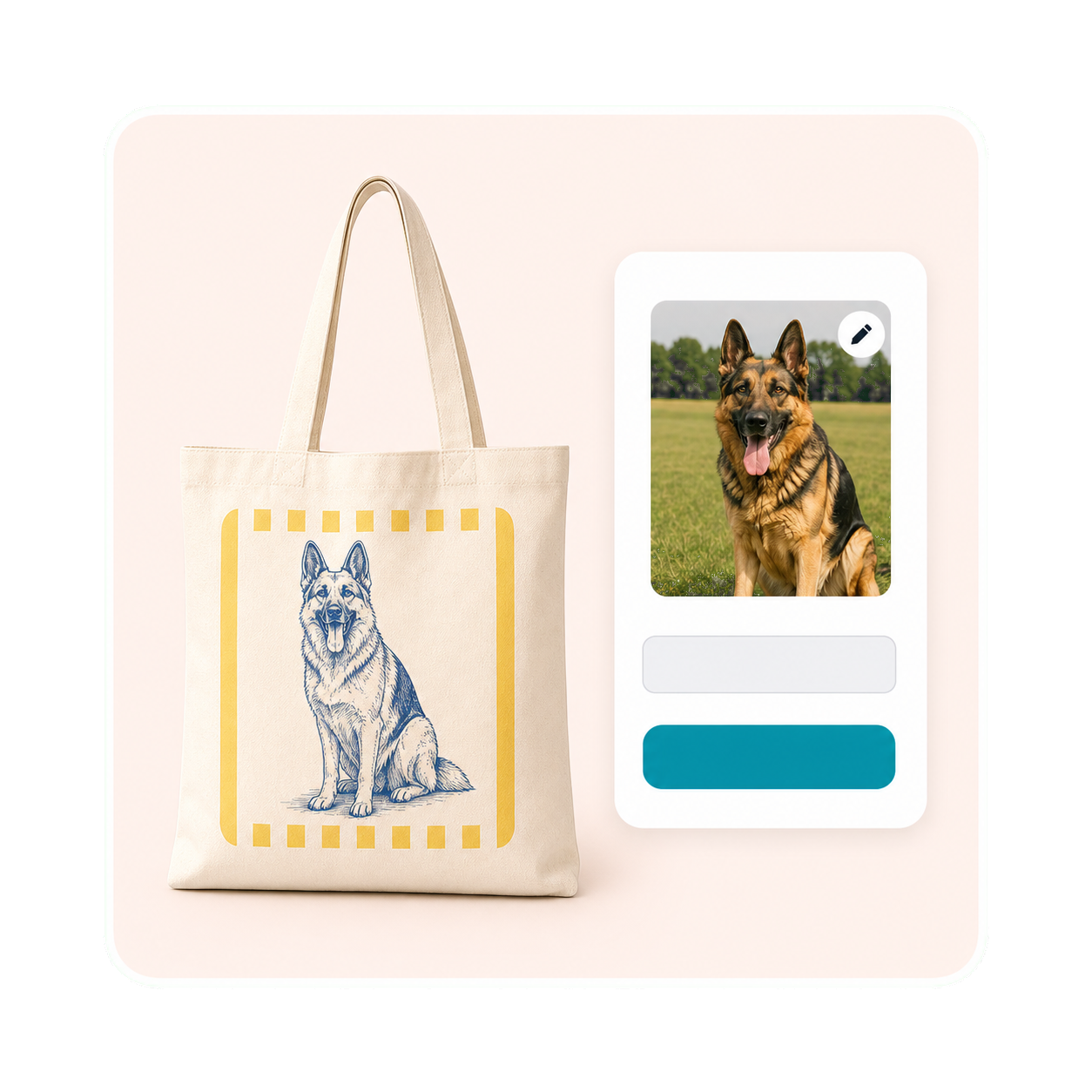 Shopper preview component showing a dog product and photo upload panel